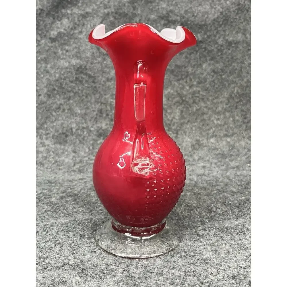 Vintage MCM Red Cased Glass Hobnail Vase Ruffled Rim White Interior 2 Handles 6”